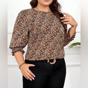Shein Women's Long-sleeve Blouse Brown Floral